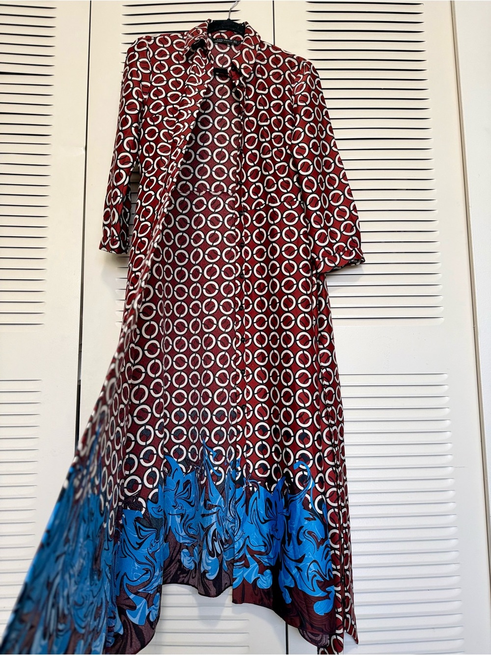 Zara Red Geometric Maxi Dress with Blue Border